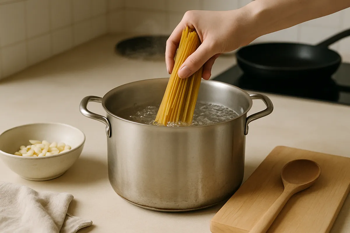 pasta into boiling water