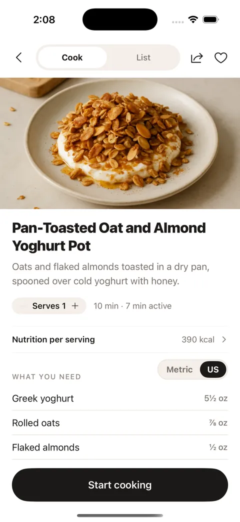 A recipe page in Cookaday